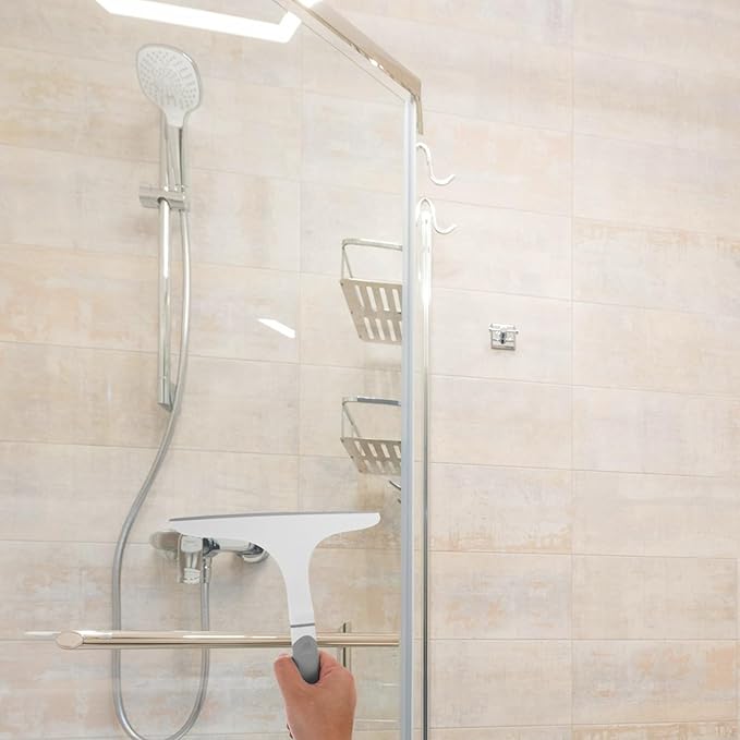 Glass Shower Squeegee Curved Handle, Flexible Soft Rubber Blade, Gray-White, Bathroom Cleaning Wiper Tool for Shower Doors, Mirrors, and Smooth Surfaces