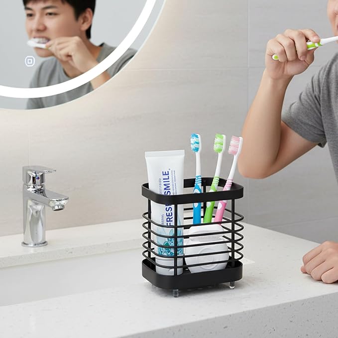Toothbrush Holder for Bathrooms,Modern Stainless Steel Toothbrush and Toothpaste Stand with Grid Design,Family Size Tooth Brushing Organizer, Black