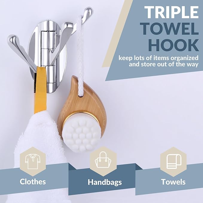APLusee Swivel Chrome Robe Hook 2 PCS, Metal Foldable Towel Holder with Triple Rotating Arms, Heavy Duty Bathroom Kitchen Coat Hanger Wall Mounted
