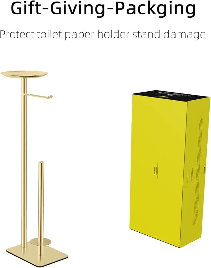 Toilet Paper Holder Stand for Bathroom Floor Standing Toilet Roll Dispenser Storages 4 Reserve Rolls, with Top Storage Shelf for Cell Phones, Wipe, Wallet and More(Gold)