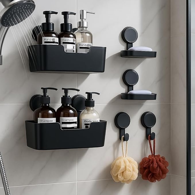 Shower Caddy, Bathroom Organizers and Storage, 6 Pack Adhesive Organizers and Storage with No Drilling Hanging Shower Shelf, Removable Plastic Bathroom Accessories, Black