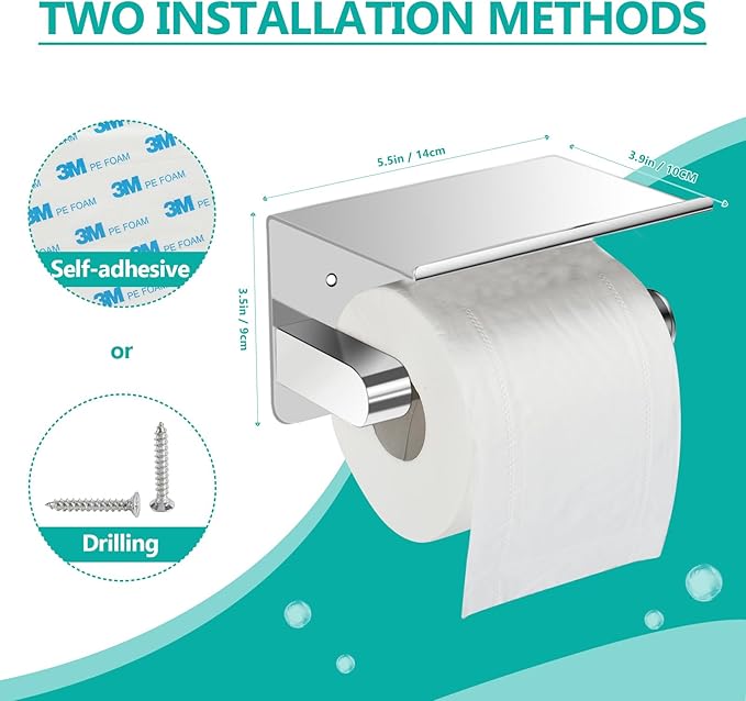 Self Adhesive or Screw Wall Mounted Toilet Paper Roll Holder with Phone Shelf, SUS 304 Stainless Steel Wall Mounted Toilet Paper Roll Holder - Stainless Steel Bathroom Hardware Set (Shiny)