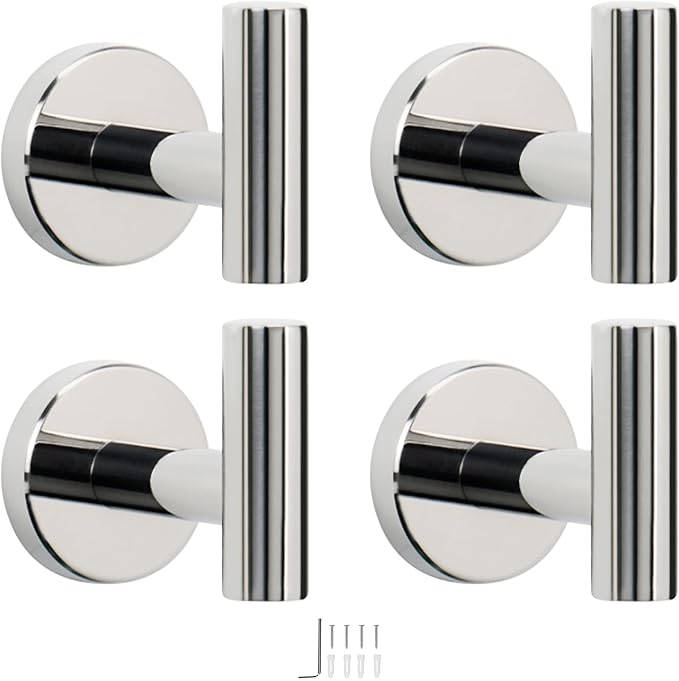 NearMoon Bath Towel Hooks- SUS 304 Stainless Steel Robe Hook Holder, Heavy Duty Coat Hook for Bathroom Livingroom Hotel Kitchen Garage, Wall Mounted (Chrome Finish, 4 Pack)