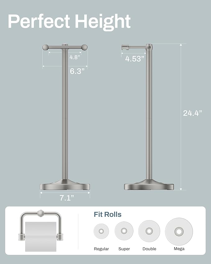Freestanding Toilet Paper Holder, Double Post Pivoting 22" Height Toilet Roll Holder Floorstanding Base Weighted, Stainless Steel Toilet Paper Holder Stand (Satin Nickel)