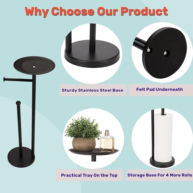 Black Toilet Paper Holder Stand, Freestanding Toilet Paper Holder with Shelf for Small Items, Toilet Paper Stand with Storage Space for 4 Extra Toilet Paper Rolls