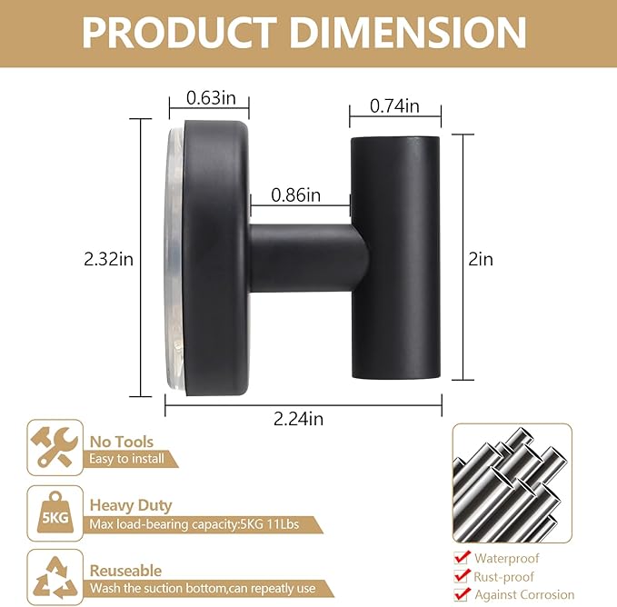 Towel Hooks Shower Suction Hook Towel Hanger for Bathroom Hanging Coat, Robe, Removable Wall Mounted Hook for Bedroom Kitchen Hotel Pool Matte Black(2-Pack)