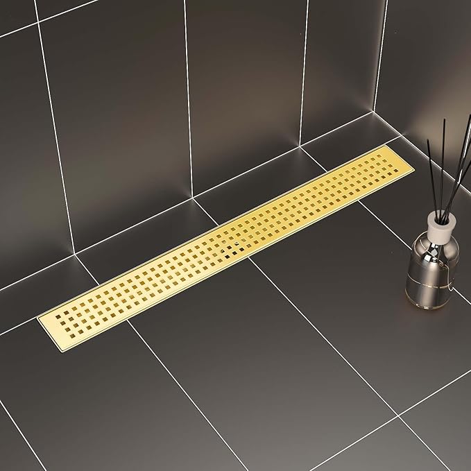SaniteModar Linear Shower Drain - Gold 60 Inch with Removable Grate, Brushed 304 Stainless Steel Floor Drain Includes Hair Catcher and Leveling Feet