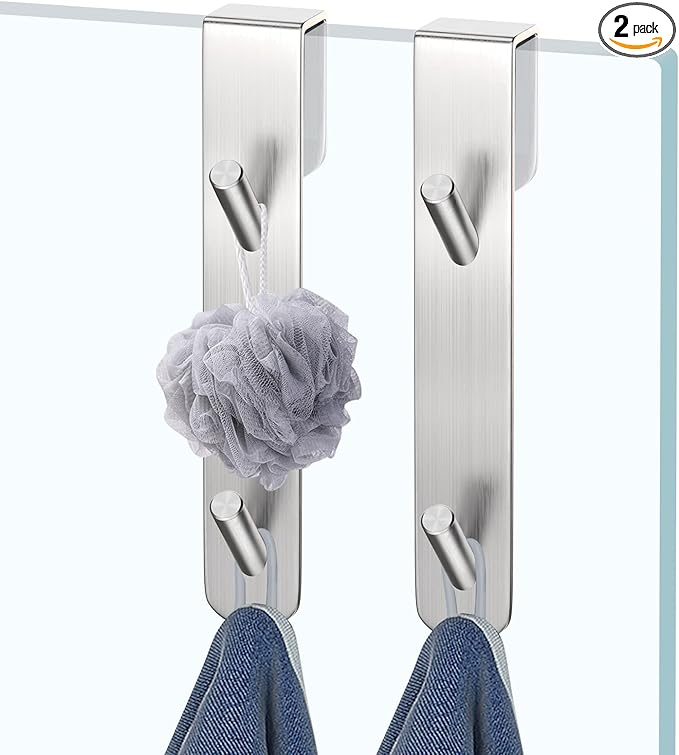 Shower Door Hook, Extended Length Frameless Shower Door Hook (7 Inches), Heavy-Duty Bathrobe Towel Stainless Steel Hook, No Drilling or Adhesive Required, 2-Pack, Silver