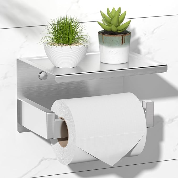 HITSLAM Brushed Nickel Silver Toilet Paper Holder, Stick on Silver Toilet Paper Holder with Shelf, Self Adhesive No Drill or Wall-Mount with Screws for Bathroom