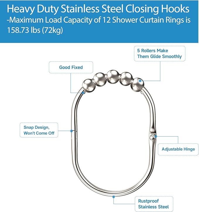 12PCS Wide Shower Curtain Hooks Rings, Rust Proof Stainless Steel, Heavy Duty Shower Hooks Rings for Bathroom Shower Rods Curtains Liners, Easy Glide Rollers, Set of 12,Chrome