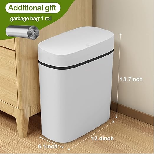 14 Litre Trash Can with Press Top Lid, 3.7 Gallons Plastic Garbage Bin, Slim Wastebasket for Bathroom, Kitchen, Toilet, Office, Room, Bedroom, White lid Without Brush