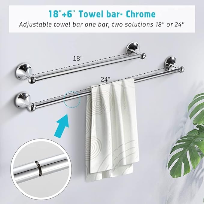 8 Piece Bathroom Accessory Set(Adjustable Towel Bar, Towel Ring, Toilet Paper Holder,Towel Hook), Wall Mounted Bathroom Hardware Accessories Set,Chrome