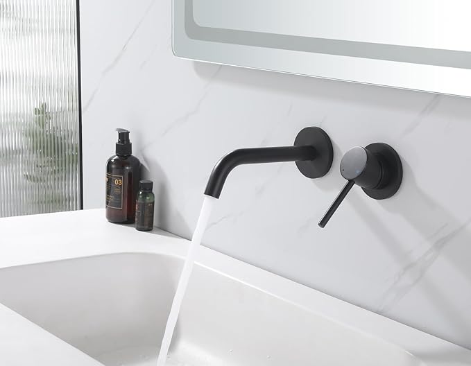 Weshi Bathroom Faucets Wall Mount Matte Black Bathroom Basin Faucet - Single Handle Vanity Tap - Curved Wall Spout Sink Faucet with Rough-in Valve