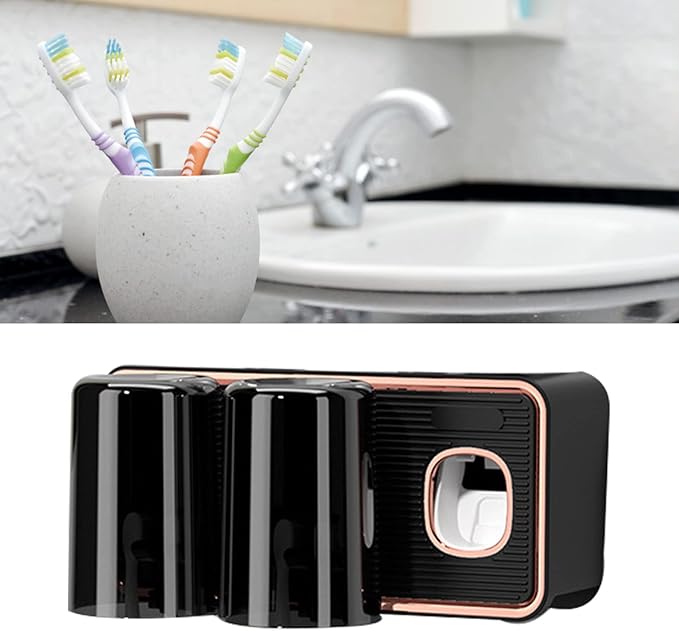 Toothbrush Holder with Toothpaste Dispenser, Wall Mounted Tooth Brush Organizer with 2 Brush Slots, Self Adhesive Toothbrush Holder for Shower (Black)