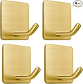FOTYRIG Golden Stainless Steel Square Self Adhesive Hooks - Extra-Long Anti-Slip with Upgraded Adhesive, Holds 15lb Heavy Duty Wall Hooks for Kitchen, Bathroom, Garage -4 Packs