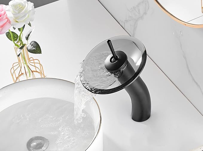 Waterfall Vessel Faucet, Black, 1 Hole, Lead-Free Solid Brass, Temperature and Flow Control with One Lever Handle