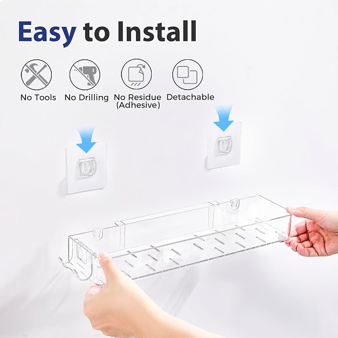 2 Pack Acrylic Shower Shelves, Clear Bathroom Tray with Hooks, Adhesive Wall Mount Shower Caddy Organizer for Bathroom Kitchen Storage