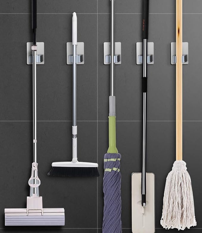 Stainless Steel Self Adhesive Broom Holder Wall Mount - Heavy Duty Mop and Broom Hooks Organizer, No Drill Magnetic Broom Hanger for Kitchen, Bathroom, Garage- Gray (4 Pack)