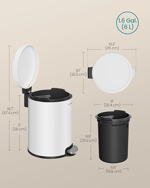 SONGMICS Bathroom Trash Can, 1.6 Gallon (6 L) Small Toilet Garbage Bin with Lid, Soft-Close, Stainless Steel, Pedal, Inner Bucket, Bedroom, Cloud White ULTB016WZ01