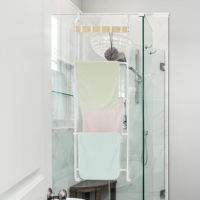 Over The Door Towel Rack, Back of Door Towel Rack, White Over The Door Hanger, Bathroom Behind Door Towel Holder with Hooks, Towel Bar Door Rack Hanger for Bedroom