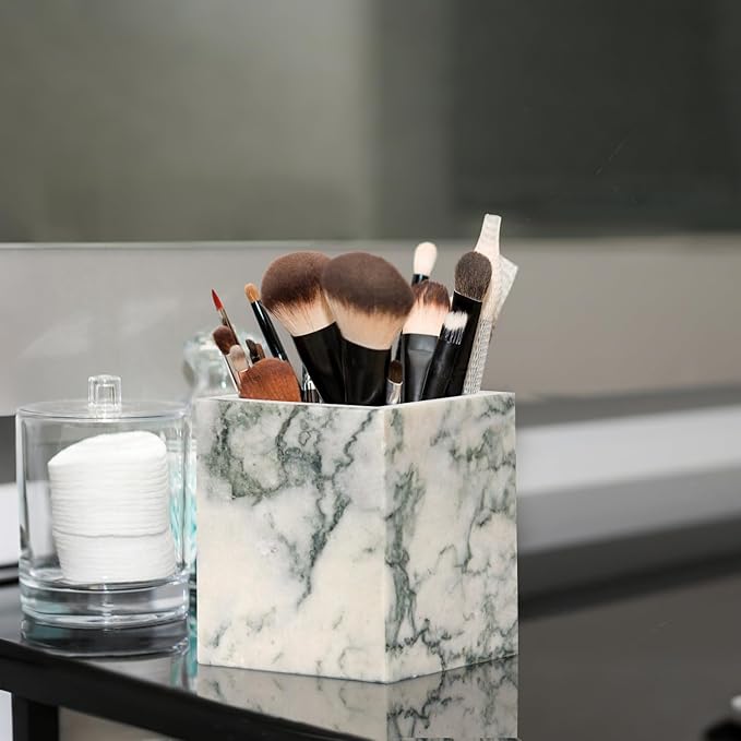 Natural Marble Toothbrush Holder for Bathroom Countertop (8.5x8.5x10cm) - Multifunctional Organizer for Makeup Brushes, Vanity Accessories & Utensils Sink (Green Texture)