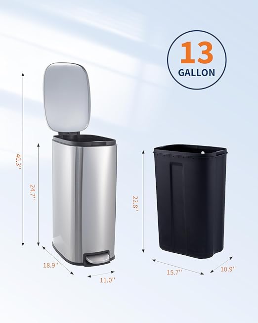 3.2 Gallon / 12 Liter Trash Can Stainless Steel Garbage Can with Removable Inner Bucket for Offices, Hands-Free Kitchen Step Trash Can for Kitchen & Bathroom, Silver