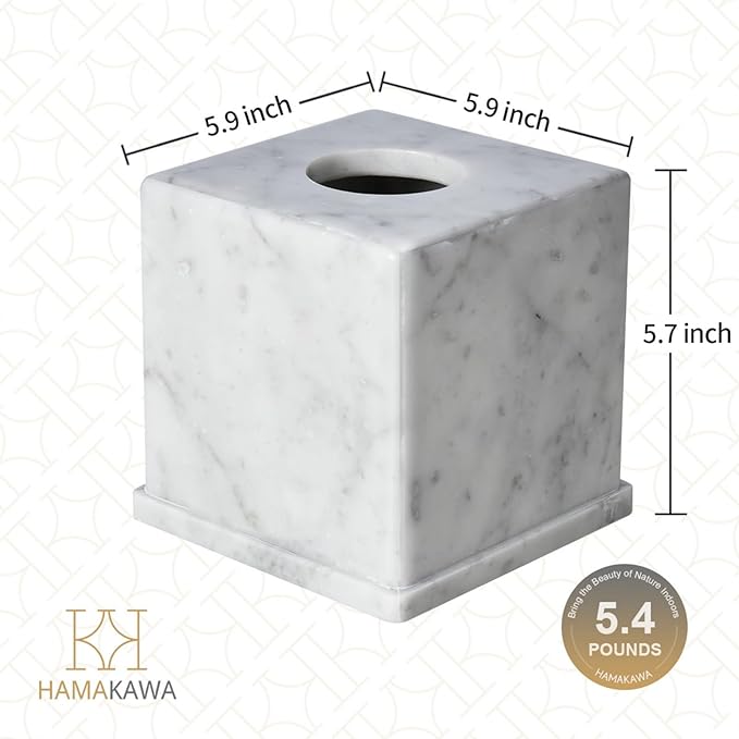 Natural Marble Tissue Box Cover, Carrara White Tissue Organizer 6 x 6 x 5.7 inch, Heavy Stone Decorative Box, Square Tissue Box Holder for Home Decor, Kitchen, Bathroom