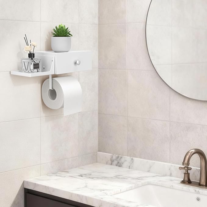 Lifewit Toilet Paper Holder with Shelf and Drawer, Screw or Adhesive Wall Mount Tissue Roll Storage, Dustproof & Flushable Bathroom Wipes Dispenser Organizer, White, 2 Pack
