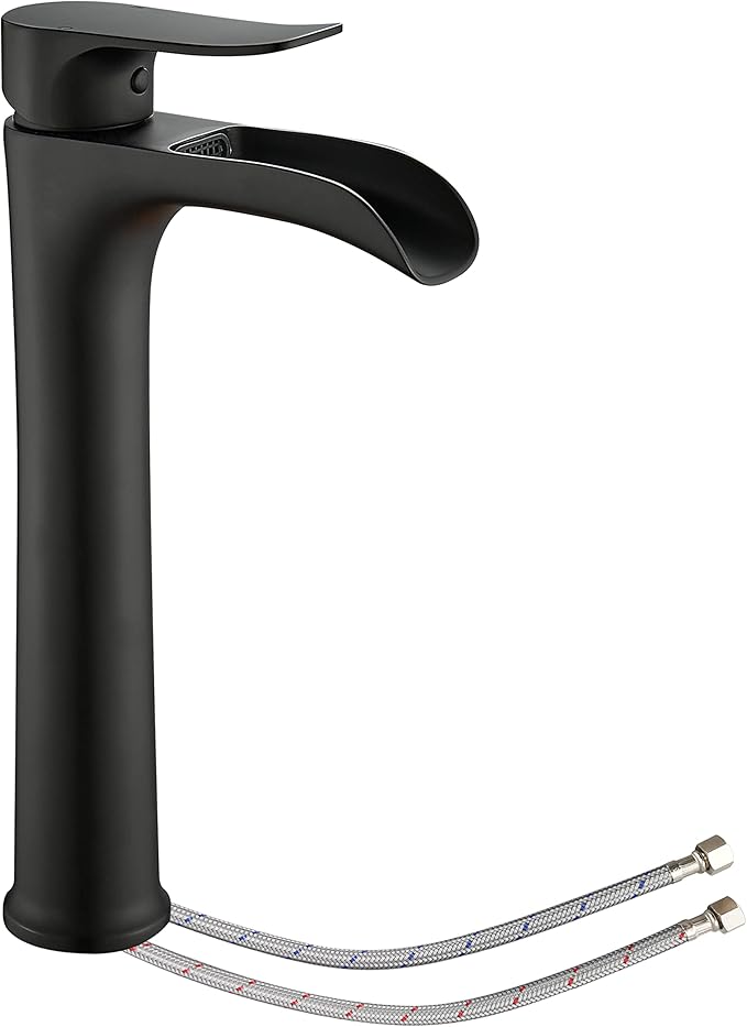 YUNDOOM Vessel Sink Faucet, Matte Black Single Hole Single Handle Tall Bathroom Bowl Sink Faucet,Waterfall Bathroom Faucet
