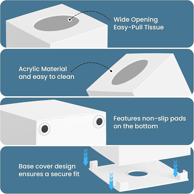 2 Pack Tissue Box Cover White, Square Acrylic Tissue Holder, Decorative Facial Tissue Box Vessel Cube Paper Organizer Dispenser for Bathroom Office, Night Stand, Desk, Car, Vanity, Countertops