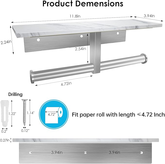 Toilet Paper Holder with Shelf, Double Toilet Paper Holder Wall Mount and 2PCS Free Adhesive Hooks for Bathroom Washroom, Marble Toilet Paper Holder Brushed Nickel