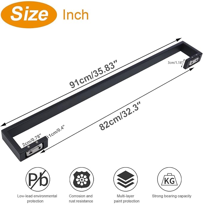 TocTen Bath Towel Rack - Square Base Thicken SUS304 Stainless Steel Towel Bar for Bathroom, Bathroom Bar Accessories Towel Rod Heavy Duty Wall Mounted Towel Holder (Matte Black, 36 Inch)