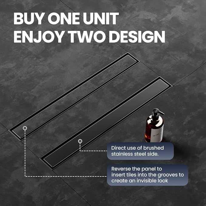 Linear Shower Drain 60 Inch Black, Shower Drain with 2-in-1 Tile Insert Panel, Brushed AISI 304 Stainless Steel Linear Drain for Fast Drainage, Floor Drain for Bathroom, Kitchen, Garage & More
