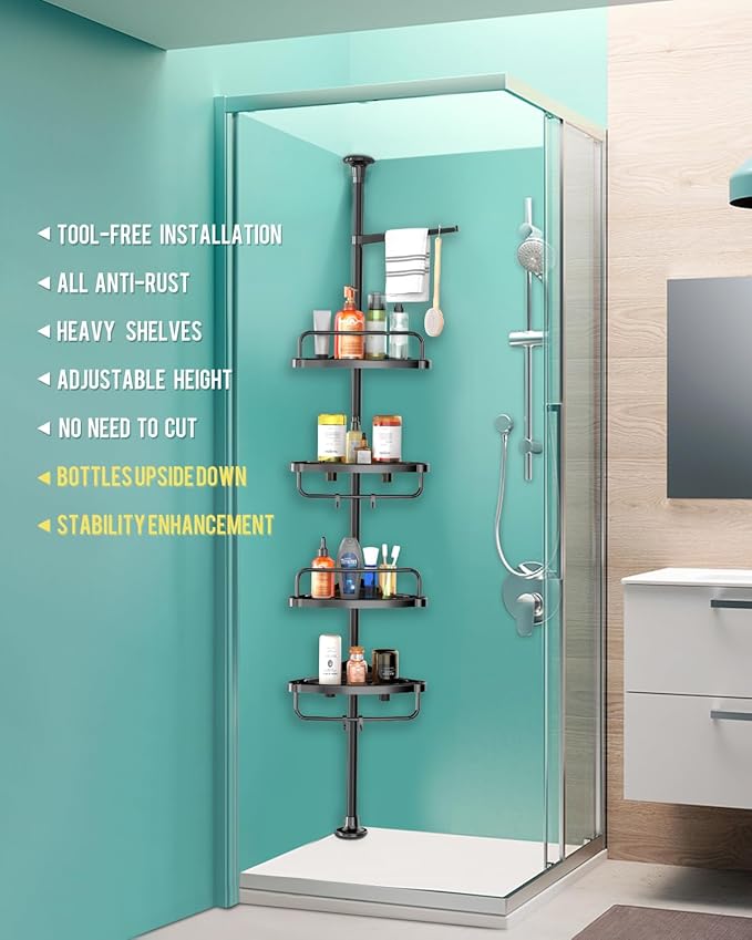 4 Layer Corner Shower Caddy, Stainless Steel Constant Tension Pole Shower Organizer, Adjustable Corner Shower Shelf, Rustproof 3.3 to 9.8 ft