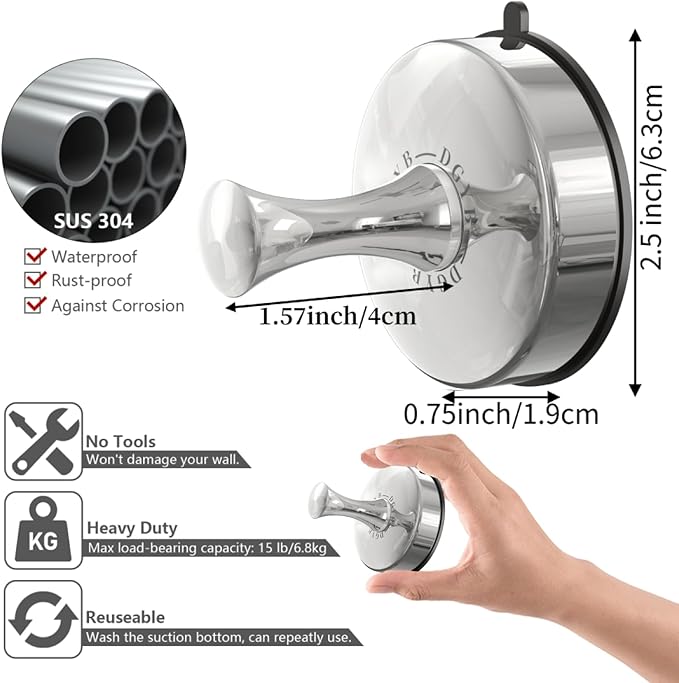 DGYB Suction Cup Hooks for Shower Set of 2 Removable Stainless Steel Towel Hook for Bathroom Glass Window Door Wall and Suction Wreath Hook for Hanging Robe, Loofah, Coat - Chrome