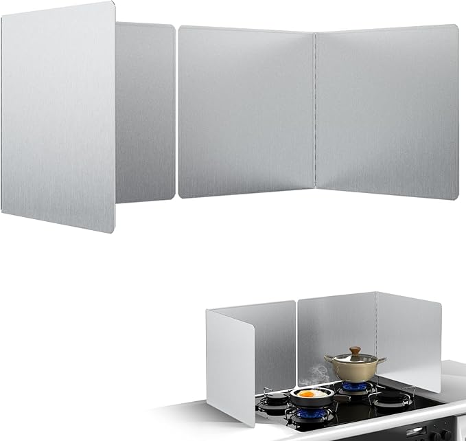 18"x16" Kitchen Splash Guard (2 PCS), Foldable Stainless Steel Backsplash Panel with Edge Protection, Heat Insulation Splashback for Stove and Counter