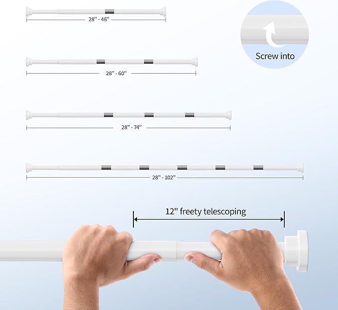 Shower Curtain Rod, 1" Diameter Heavy Duty Tension Shower Rod, Non Slip Adjustable 28-46 inch No Drilling Shower Curtain Rods Spring Tension For Bathroom, Shower Stall, No Rust, White