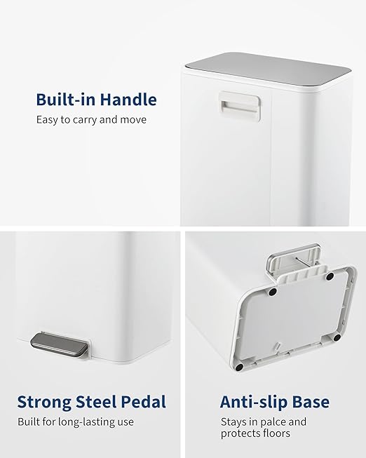 Garvee Space-Saving Bedroom Trash Can, 4 Gallon Small Trash Can with Soft-Close Lid, Foot Pedal & Removable Inner Bucket, Rectangular Stainless Steel Garbage Can for Living Room, Home, Office, White