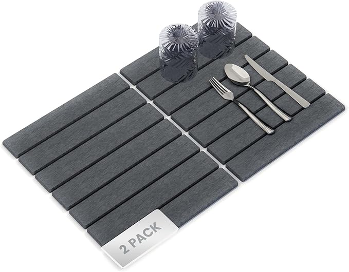 2 Pack Stone Dish Drying Mat Set (12"x16" Each, Gray) for Kitchen Counter - Super Absorbent Quick Dry Diatomaceous Earth Pad, Foldable & Non-Slip for Dishes, Sink, & Bathroom
