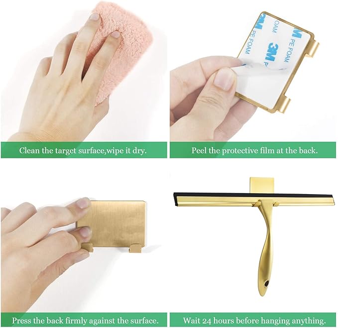 OPERNEE Shower Squeegee with Self Adhesive Hook, 12 Inches Stainless Steel Squeegee Cleaner, All-Purpose Window Scraper for Bathroom Doors, Mirror, Windows and Car Glass, Brushed Gold