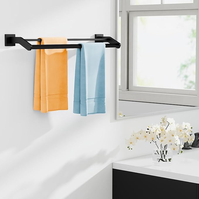 Double Towel Bar 24 Inch, Heavy Duty Stainless Steel Double Towel Racks for Bathroom Wall Mounted, Space Saving Bathroom Towel Holder Rod, Matte Black