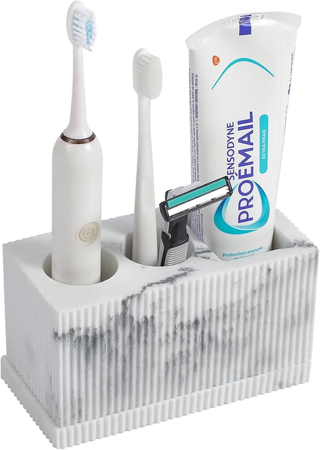 rejomiik Toothbrush Holders for Bathroom Countertop, 3 Slots Electric Tooth Brushing Storage Organizer Stand for Toiletries and Beauty Accessories, Toothpaste, Razor, Marble White