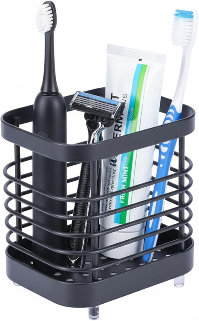 Toothbrush Holder for Bathrooms,Modern Stainless Steel Toothbrush and Toothpaste Stand with Grid Design,Family Size Tooth Brushing Organizer, Black