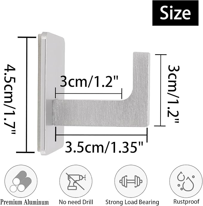 Bath Towel Hooks, 4 Pack Self Adhesive Square Coat Hooks, Sturdy No Drilling Robe Hook, Heavy Duty Aluminum Clothes Hanger, Wall Hooks for Bathroom Bedroom Kitchen(Sliver, 2 in)