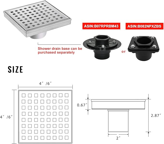 SaniteModar Square Shower Drain 6 inch Comes with Removable Square Hole Panel by Using 304 Stainless Steel Brushed Process. It is Equipped Hair Filter and Threaded Joint with Rubber Ring