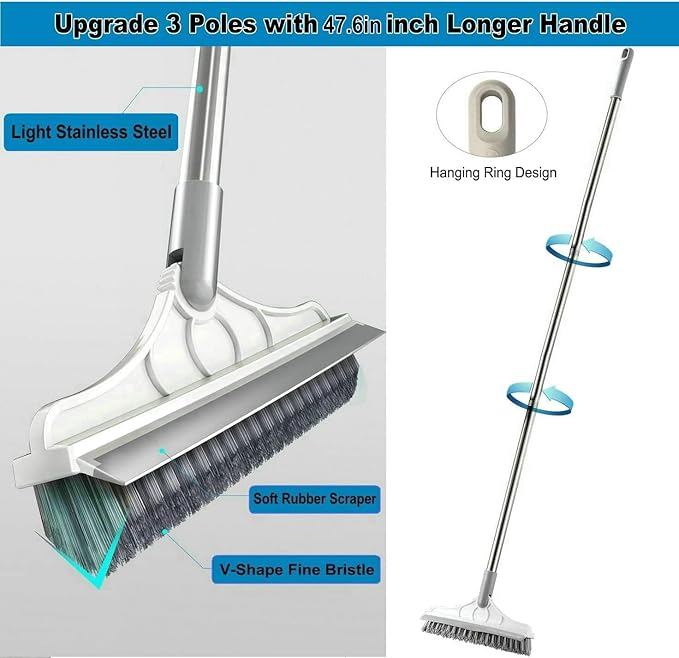 2 in 1 Cleaning Scrub Brush Grout Brush Scrapee 3 Poles 47.6'' Floor Scrub Brush with Long Handle V-Shape Stiff Bristle Brush Scrubber with Squeegee 120°Rotate Magic Broom Brush for Bathroom Glass