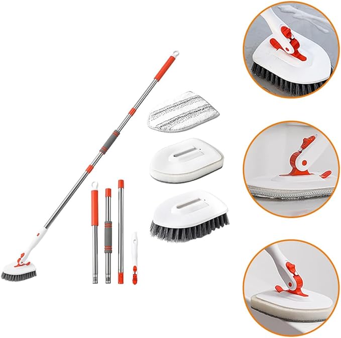 CLISPEED Bathroom Floor Brush Scrubber Set with Hard Bristle and Fiber Cloth, 3-Section Extendable Handle Tub and Tile Scrub Brush for Shower, Grout, and Floor Cleaning