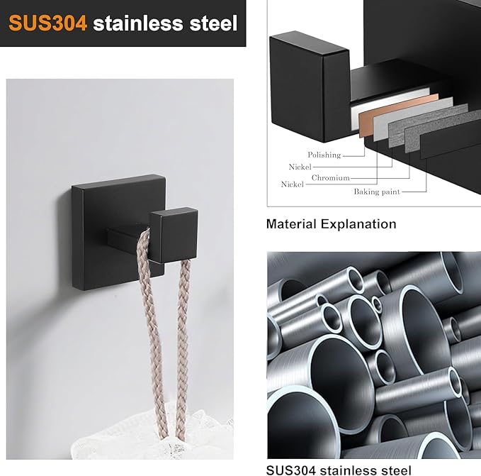 Nolimas Towel Hook Stainless Steel Bathroom Rustproof Clothes Towel Coat Hook Wall Mounted Square Toilet Kitchen, Heavy Duty Door Hanger, 1 Pack, Matte Black