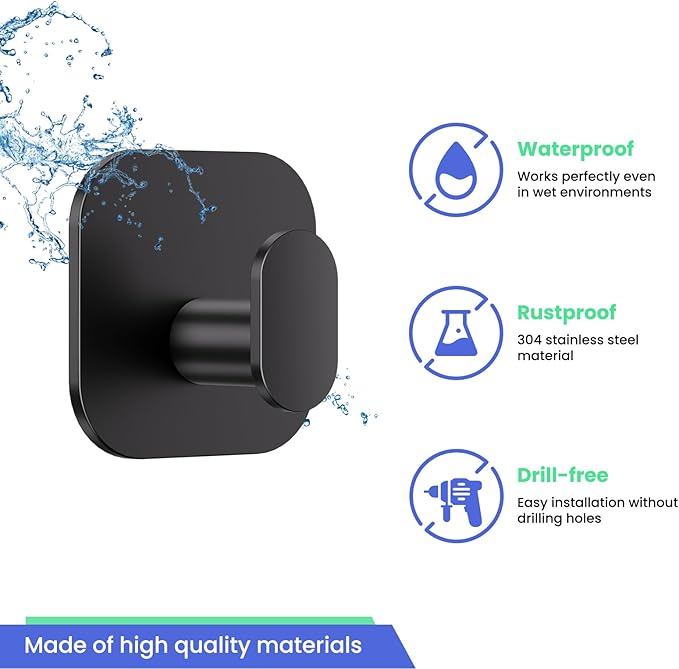 Self Adhesive Hooks - 4 Pack Heavy Duty Wall Hooks no Damage, Sticky Hook for Hanging Coat/Robe/Towel, Stick on Kitchen/Bathroom/Shower (Matte Black, Stainless Steel)