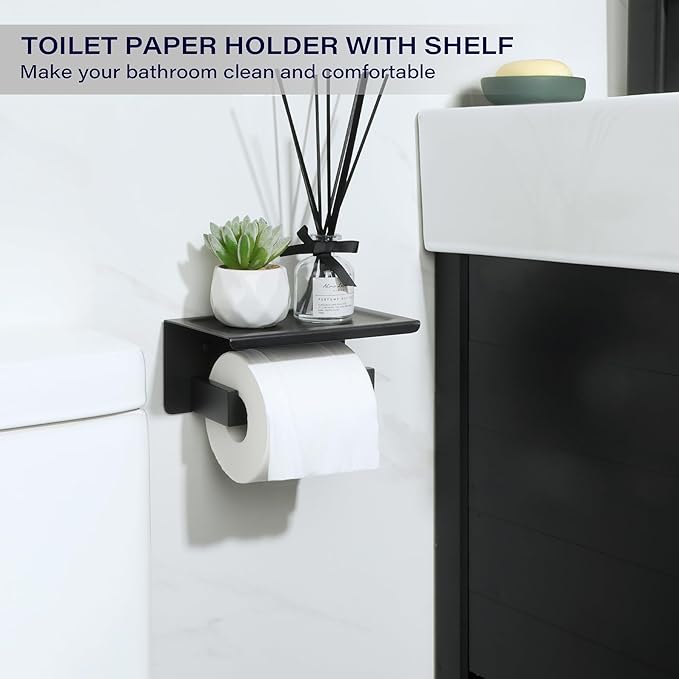 Alise Black Toilet Paper Holder with Shelf SUS304 Stainless Steel Adhesive Toilet Paper Roll Holder Bathroom Tissue Holder Storage Dispenser,Self Adhesive or Wall Mount Drilling
